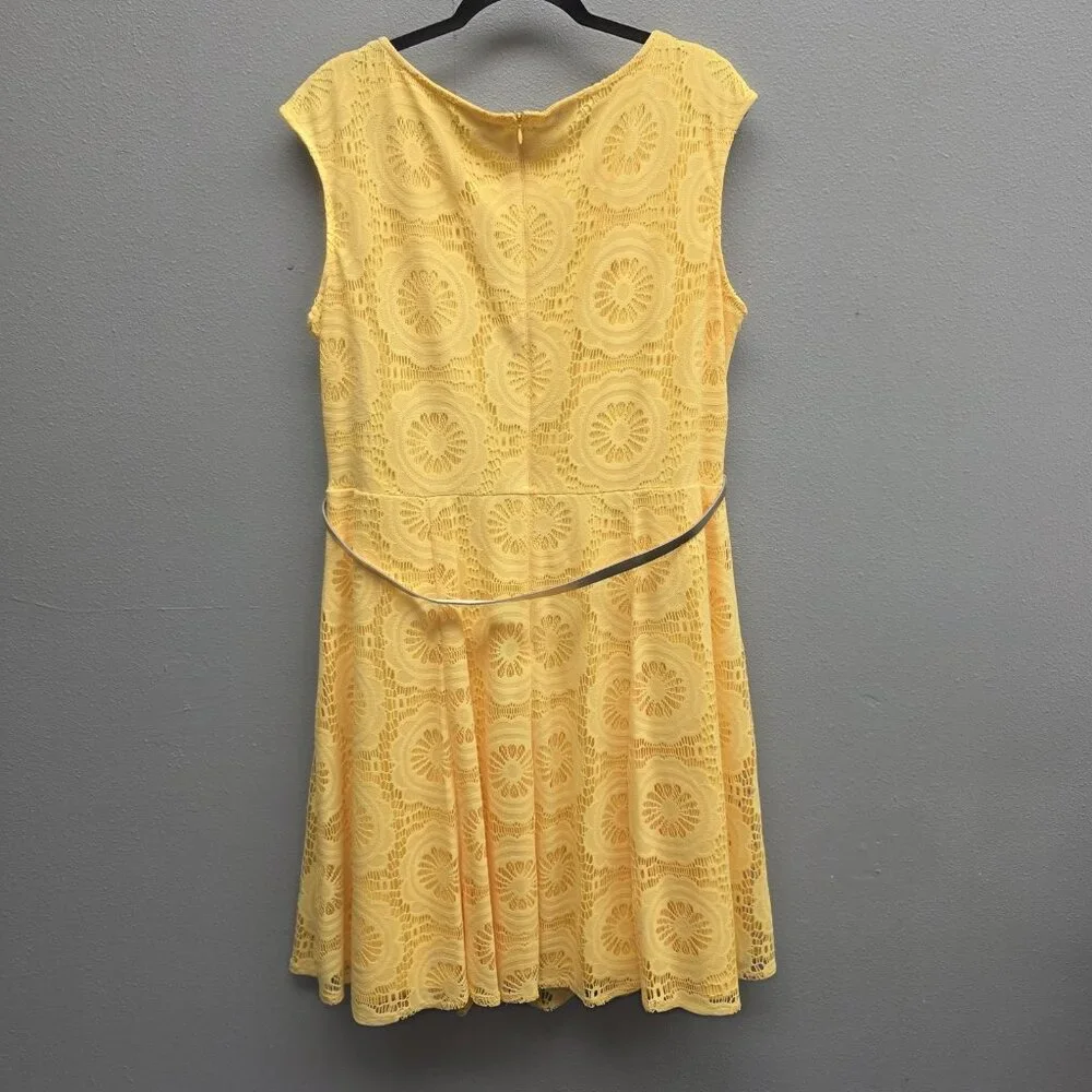 London Style Collection Dress Womens 16W Yellow Lace Fit & Flare Belted Keyhole - Picture 5 of 12